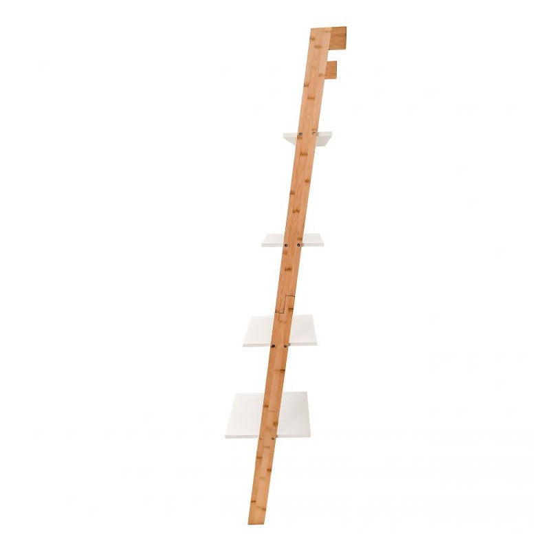 Bambusz létrás könyvespolc - modern lakberendezés, praktikus tárolás, természetes anyagok, minimalista design.