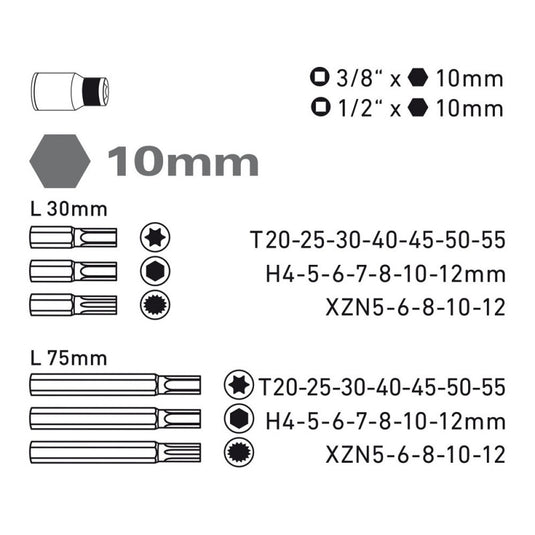 BIT klt. 40 db HEX-TORX-XZN, 10mm, adapter 3/8