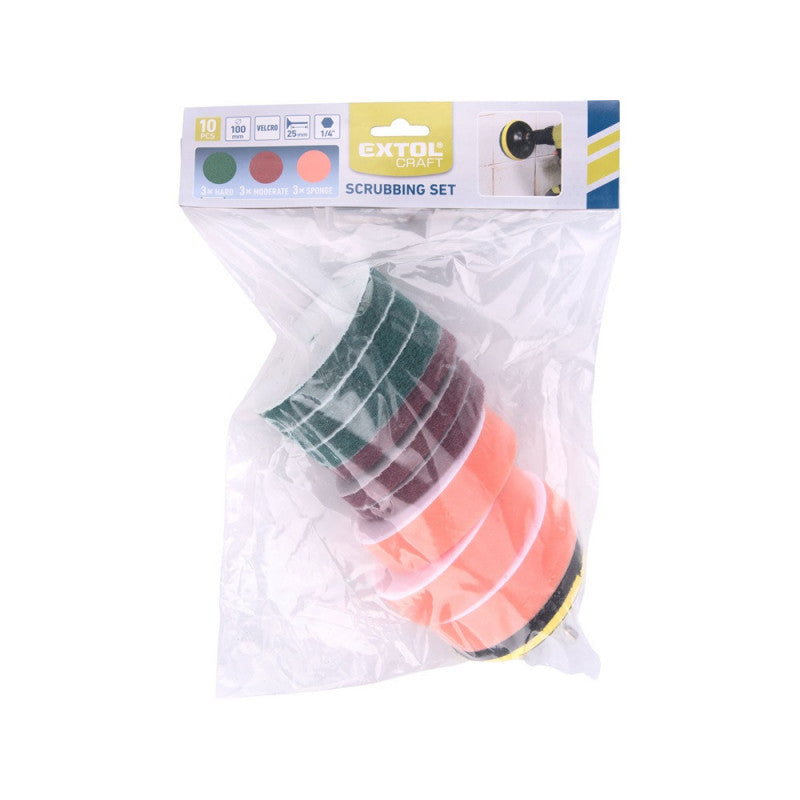 EXTOL CRAFT dörzsölő/csiszoló/polírozó klt. 10 db; 1/4"×25 mm csap, fúrógépbe fogható, tépőzáras