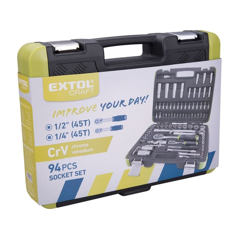 EXTOL CRAFT dugókulcs klt., CV., racsnis 45fog ; 1/4" 1/2", 94db, 4-32mm, 32db bit (lapos, kereszt,imbusz,torx), gyertyakulcs16&21