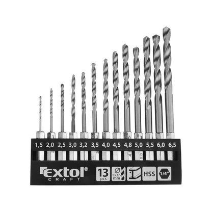 EXTOL CRAFT fémcsigafúró klt., 13db, HSS; 1,5-6,5mm, 1/4" BIT befogás, polírozott, műanyag tartóban, bliszteren