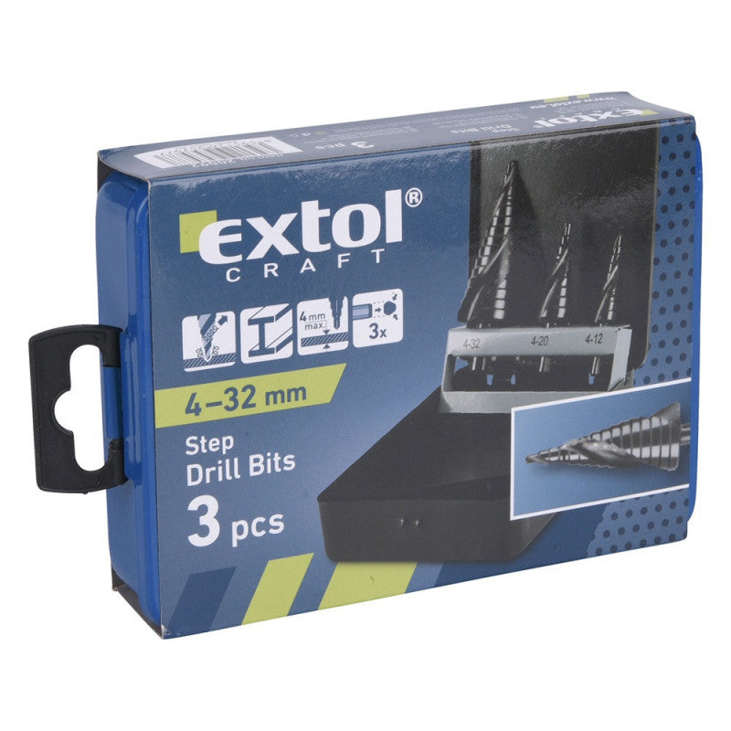 EXTOL CRAFT lépcsős fémfúró klt. 3db; (4-12mm/1mm lépcsők,4-20mm/2mm,4-32mm/2mm) befogás:10mm, max.4mm vastag anyagokhoz, spirállal