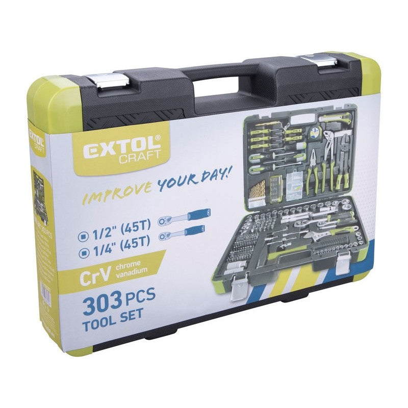 EXTOL CRAFT szerszámkészlet, CV., racsnis 45fog ; 1/4" és 1/2", 303 db, műanyag koffer