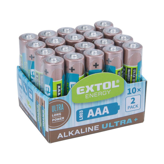 EXTOL ENERGY elem klt. 20 db, alkáli, 1,5V, méret: AAA (LR03); hosszú étettartam, 10×2db-os kínálóban