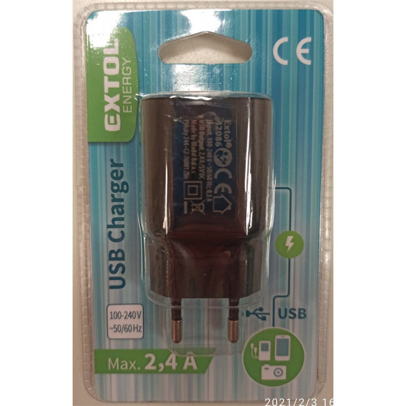 EXTOL ENERGY hálózati USB töltő adapter, 2,4A / 12W, kábel nélkül