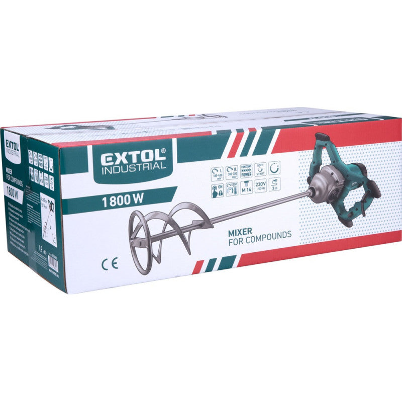 EXTOL INDUSTRIAL elektromos festék- és habarcskeverő gép (mixer) 1800W, M14 menet, lágy indítás, ford I=180-400/min, II=300-700/min