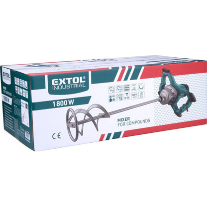 EXTOL INDUSTRIAL elektromos festék- és habarcskeverő gép (mixer) 1800W, M14 menet, lágy indítás, ford I=180-400/min, II=300-700/min