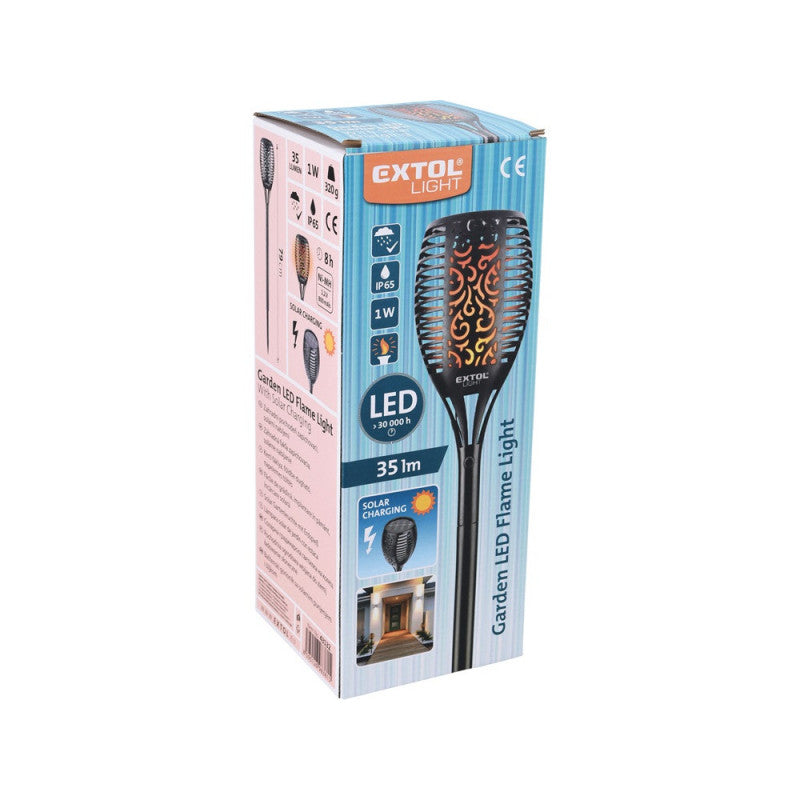 EXTOL LIGHT éjszakai, kerti LED lámpa, lángoló fáklya hatás, 1W; 35 Lm, napelem+szenzor, Ni-Mh akku, 800mAh, kerti, leszúrható, 79cm