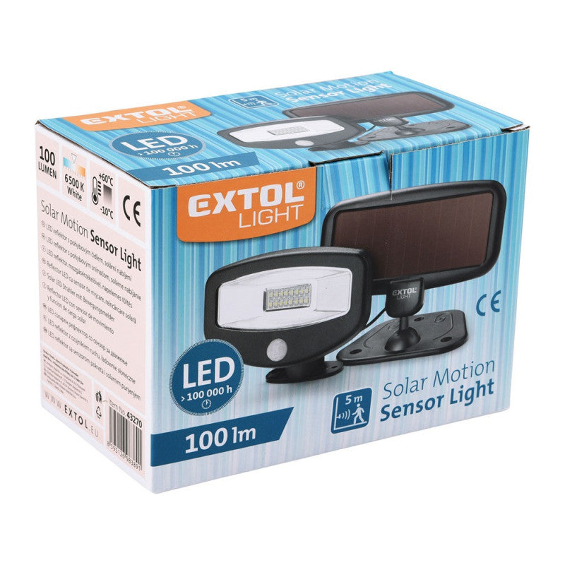 EXTOL LIGHT éjszakai készenléti LED lámpa, 0,4W, 16 LED; 100 Lm, napelem+szenzor, beépített Li-ion akkus, 500 mAh, falra szerelhető