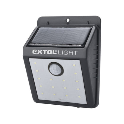 EXTOL LIGHT éjszakai készenléti LED lámpa, 0,4W, 16 LED; 120 Lm, napelem+szenzor, Li-ion akkus, 1200 mAh, falra szerelhető