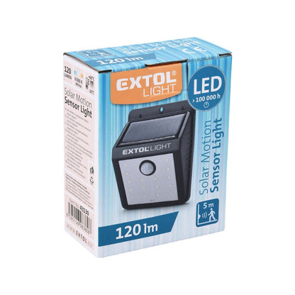 EXTOL LIGHT éjszakai készenléti LED lámpa, 0,4W, 16 LED; 120 Lm, napelem+szenzor, Li-ion akkus, 1200 mAh, falra szerelhető