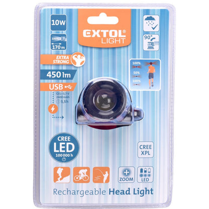 EXTOL LIGHT LED fejlámpa, 10 W, CREE XPL, 450 Lumen; tölthető akkuval, zoom + 3 funkció (teljes/ 1/4 fényerő, villogás), fehér+piros