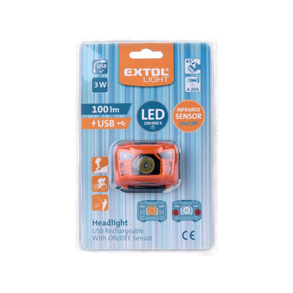 EXTOL LIGHT LED fejlámpa, 3 W, CREE XPL, 100 Lumen; IR szenzor, tölthető akkuval, 3 funkció, fehér+piros fény