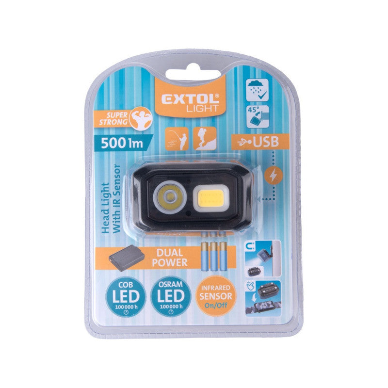 EXTOL LIGHT LED fejlámpa, Osram+COB, 500 Lumen; IR szenzor, tölthető akkuval+AAA elemmel is, 4 funkció, cseppálló: IPX4