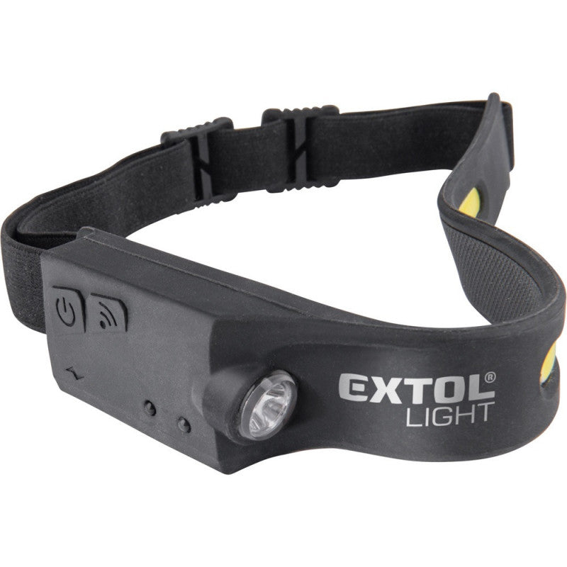 EXTOL LIGHT LED fejlámpa,COB+ XPE, 350 Lumen; IR szenzor, tölthető akkuval, 4+1 funkció