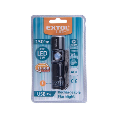 EXTOL LIGHT LED lámpa, 3 W, XPE LED; 150 Lm, ALU ház, zoom, újratölthető Li-ion akkus, 450 mAh