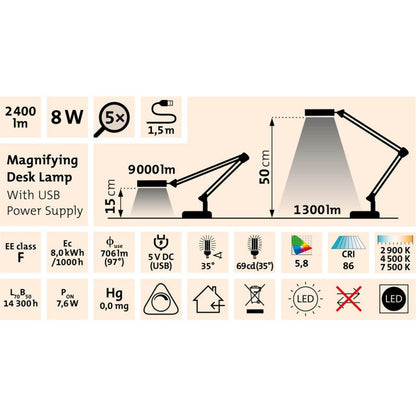 EXTOL LIGHT nagyító LED lámpa, asztali, Fehér, 7 W COB, 2400 Lm, 5× nagyítás; mechanikusan állítható rögzítés, USB töltőkábel