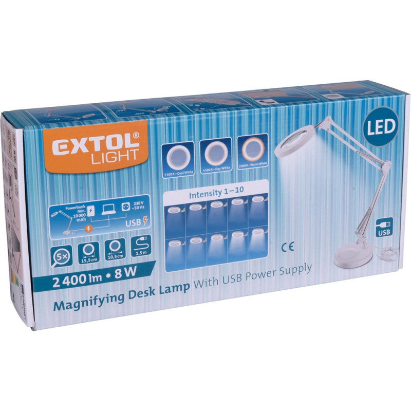 EXTOL LIGHT nagyító LED lámpa, asztali, Fehér, 7 W COB, 2400 Lm, 5× nagyítás; mechanikusan állítható rögzítés, USB töltőkábel