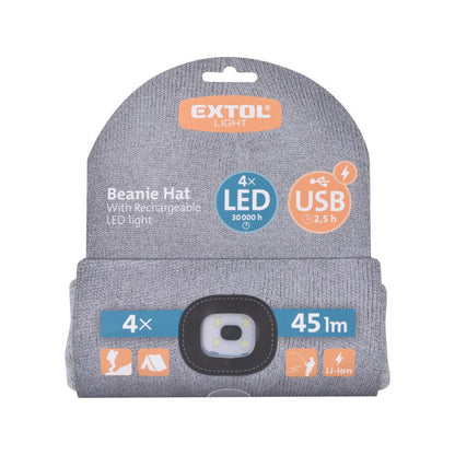 EXTOL LIGHT sapka, szürke, kötött, kivehető LED homloklámpával, 4×45 Lumen; USB tölthető Li-ion akku, 3funkció (100%-75%-50% fénye.)