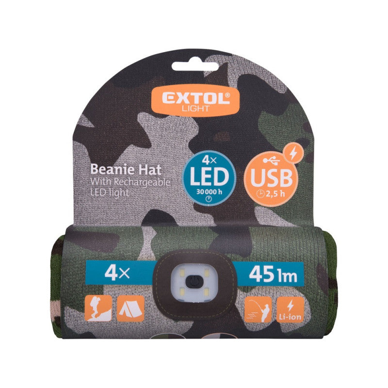 EXTOL LIGHT sapka, terepszínű, kötött, kivehető LED homloklámpával, 4×45 Lumen; USB tölthető Li-ion, 3funkció (100%-75%-50%)