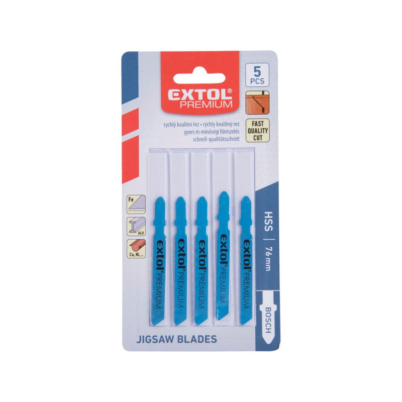 EXTOL PREMIUM dekopírlap fémre, 5db, Bosch befogás, HSS; 51×8×1,5mm, 1,2mm fogtáv, mart, hullámosított fogak, egyenes vágás, acéllemez