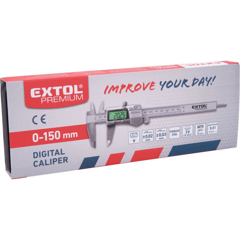 EXTOL PREMIUM digitális tolómérő; 0,01×150mm, kijelző háttérvilágítással, mélységmérővel, rozsdamentes acél, pontosság ±0,02/0,03 mm