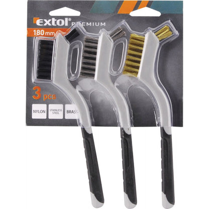 EXTOL PREMIUM drótkefe klt., 3 db: nylon-, réz- és rozsdamentes acél szál, 3×8 sor, 180mm, kétkomponensű TPR+PP puha műanyag nyél