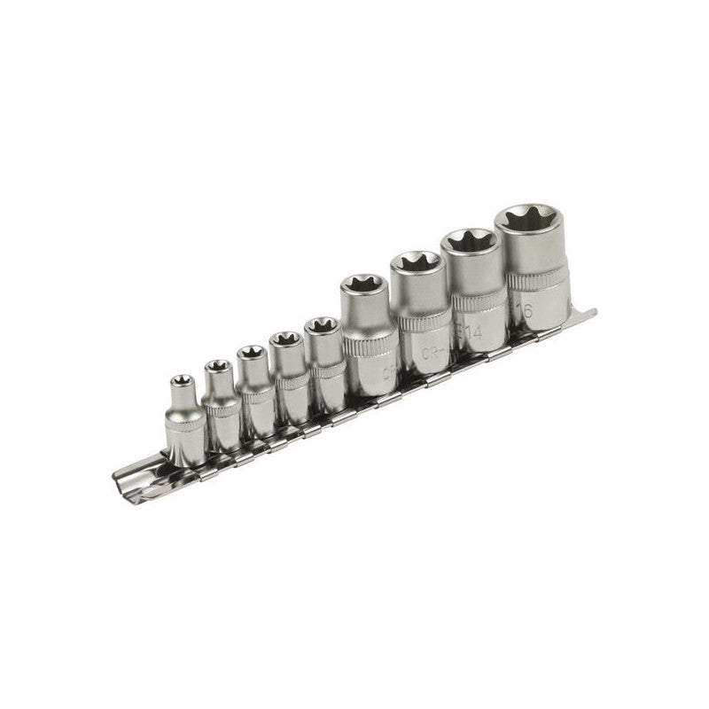 EXTOL PREMIUM dugófej klt., E-TORX; 1/4"×5db (E5-E6-E7-E8-E10), 1/2"×4db, (E12-E14-E16-E18), tartó sínen