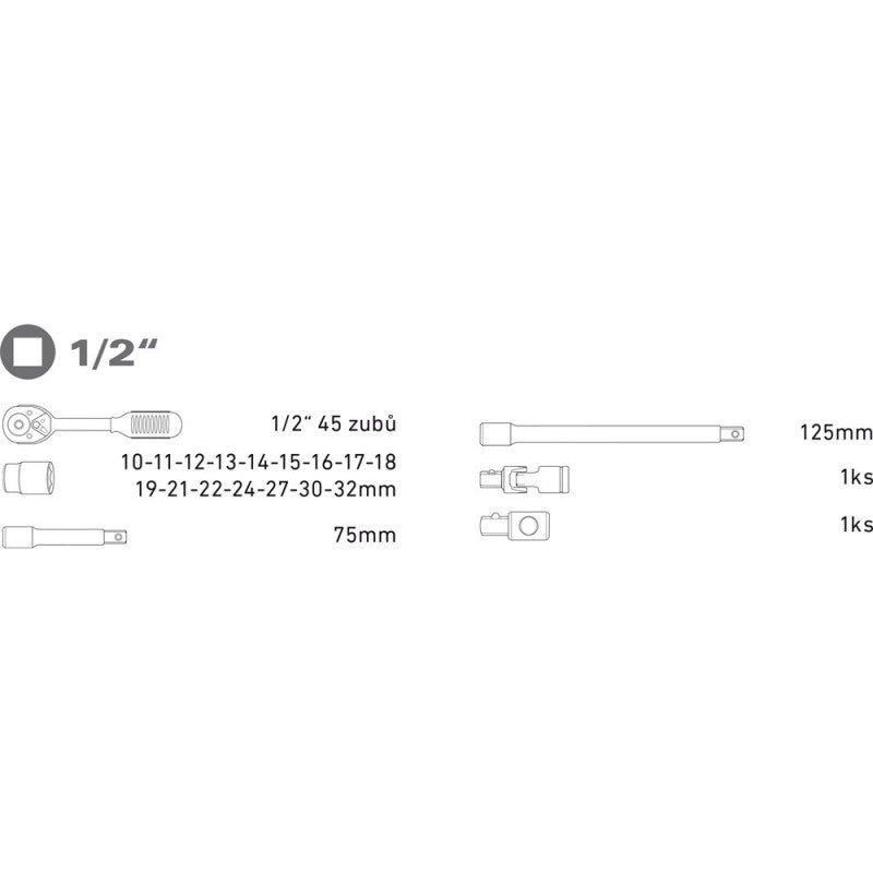 EXTOL PREMIUM dugókulcs klt., CV., racsnis 45fog ; 1/2" 21db, 10-32mm