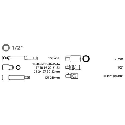 EXTOL PREMIUM dugókulcs klt., CV., racsnis 45fog ; 1/2" 24db, 10-32mm, fém doboz