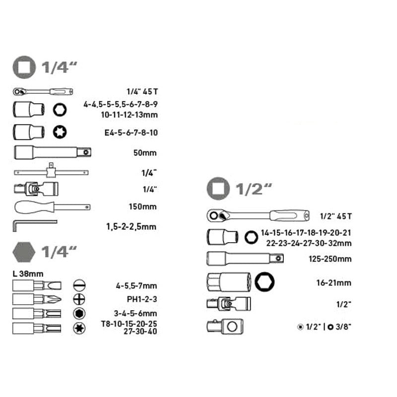 EXTOL PREMIUM dugókulcs klt., CV., racsnis 45fog ; 1/4" és 1/2", 65db, dugófejek (4-32mm), bitek, fém doboz