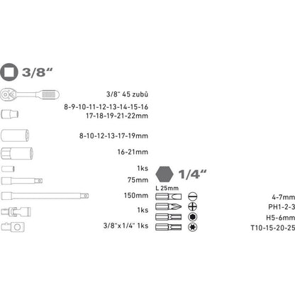 EXTOL PREMIUM dugókulcs klt., CV., racsnis 45fog ; 3/8", 39db, normál(8-22mm) és hosszú(8-19mm) dugófejek, gyertyakulcs 16&21mm, 11 bi