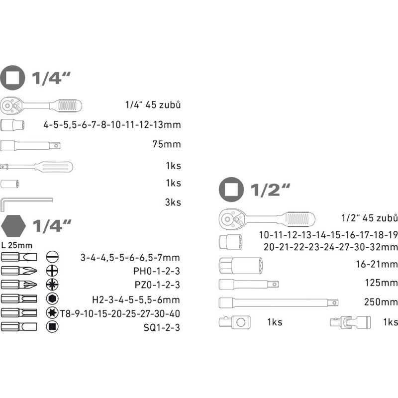 EXTOL PREMIUM dugókulcs klt., CV.4-32mm ; 1/4"&1/2" 75db, racsnis 45fog