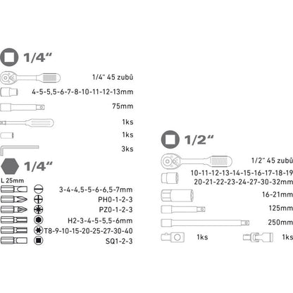 EXTOL PREMIUM dugókulcs klt., CV.4-32mm ; 1/4"&1/2" 75db, racsnis 45fog