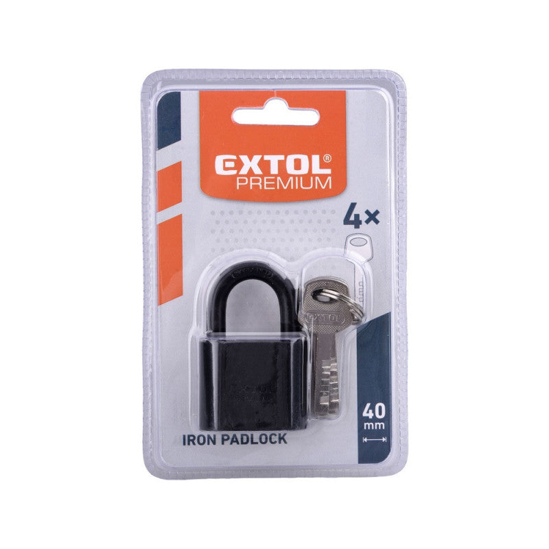 EXTOL PREMIUM lakat, vas, fekete, 4db kulcs; 40mm, edzett acél kengyel, szárátmérő: 7 mm