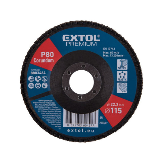 EXTOL PREMIUM lamellás csiszoló acél, Alu, műa. és fa munkadarabok csiszolására, 115×22mm; P120, kúpos,max.:13.200 ford./perc, EN13743