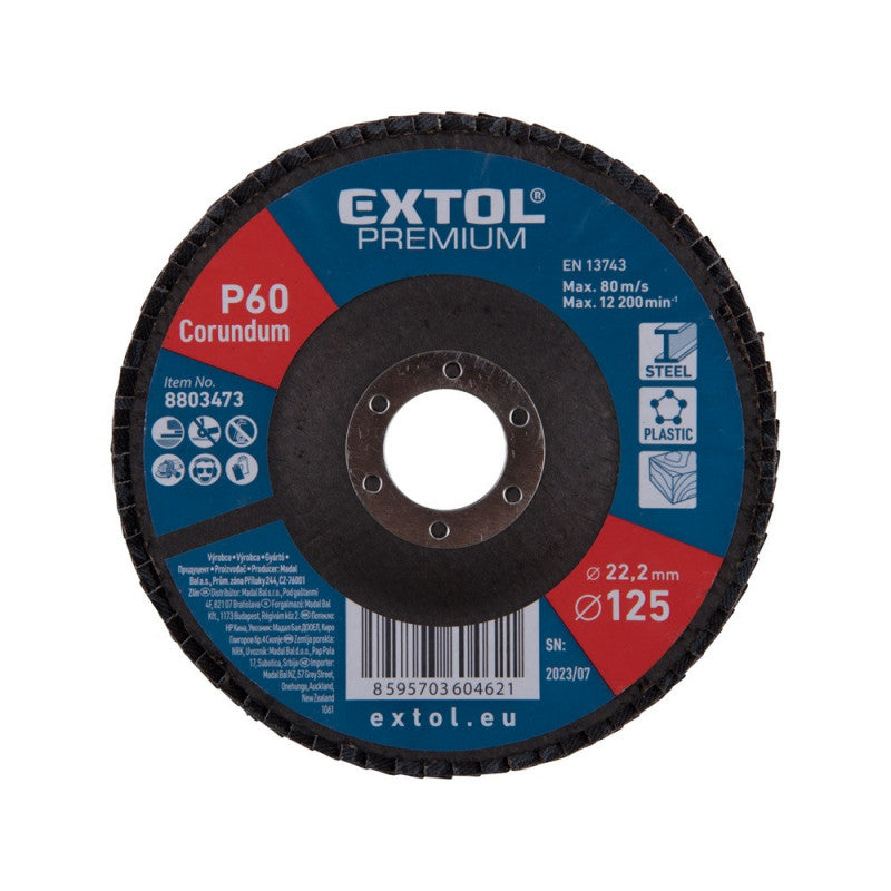 EXTOL PREMIUM lamellás csiszoló acél, Alu, műa. és fa munkadarabok csiszolására, 125×22mm; P100, kúpos,max.:12.300 ford./perc, EN13743