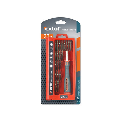 EXTOL PREMIUM órás csavarhúzó klt. 22 db C.V. bitekkel; lapos 1,5-3mm, PH000-PH1, PZ0-PZ1, imbusz: 1,5-3mm, torx: T6-20