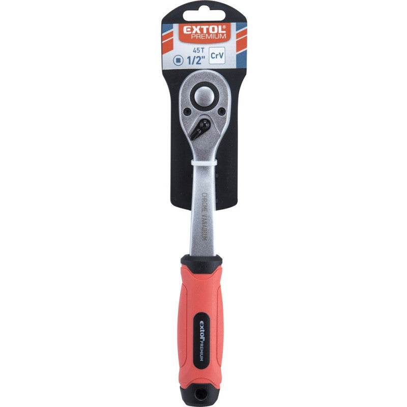 EXTOL PREMIUM racsnis hajtókar, CV., 45 fog, hajlított szár, csúszásgátló TPR markolat; 1/2", 253 mm