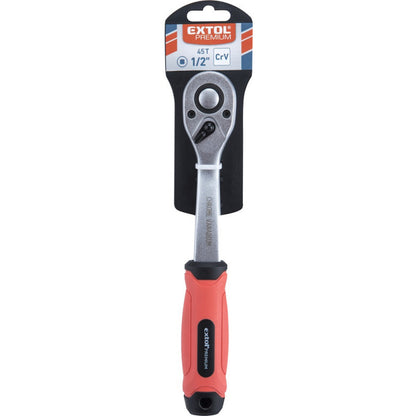 EXTOL PREMIUM racsnis hajtókar, CV., 45 fog, hajlított szár, csúszásgátló TPR markolat; 1/2", 253 mm