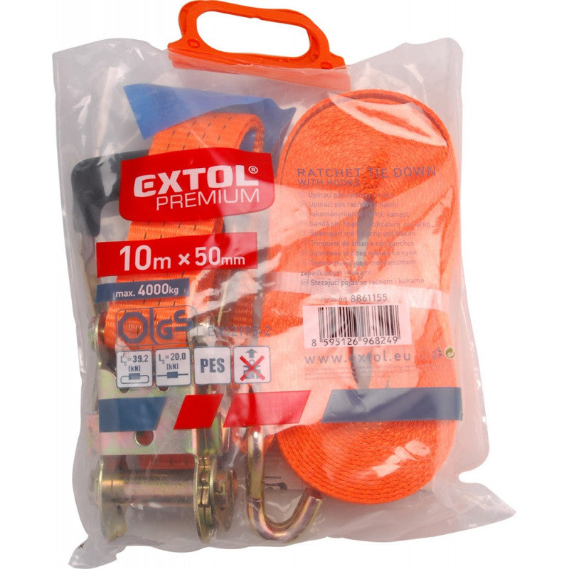 EXTOL PREMIUM rakományrögzítő gurtni, kampós, max. 4000kg; 10m×50mm, EN12195-2,TÜV/GS