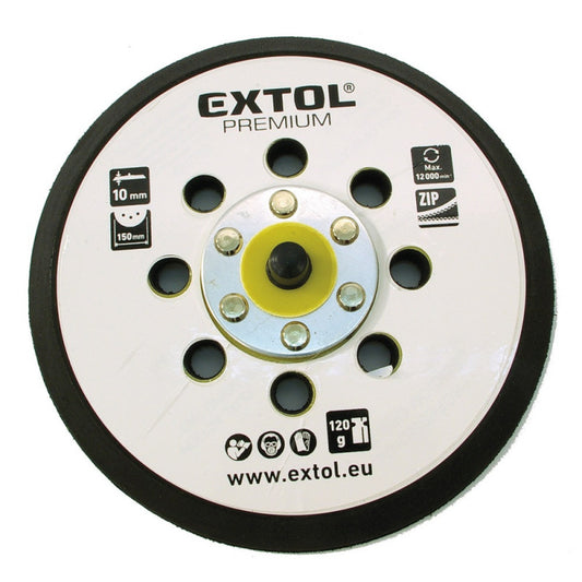 EXTOL PREMIUM tartalék gumi talp 8865038 rotációs csiszológéphez, 6"/150mm, 8 db lyuk, tépőzáras, max. 12.000/perc, vastagság: 10mm