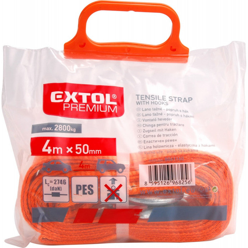 EXTOL PREMIUM vontató heveder, max.2800kg; 4m×50mm, 2 db kovácsolt kampóval