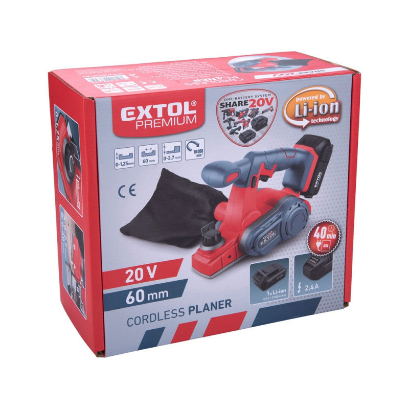 EXTOL PRMIUM akkus gyalugép, Share20V, 20V, Li-ion, 1db akku, 1db töltő, 2000 mAh, 10.000 ford/perc, kés: 60 mm, mélység: 0-1,25 mm