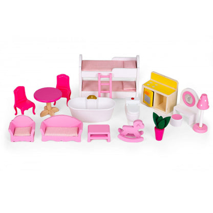 Fa baba ház bútor 3 emelet Ecotoys - gyerekszoba kiegészítők, minőségi fa játékok, baba ház berendezés