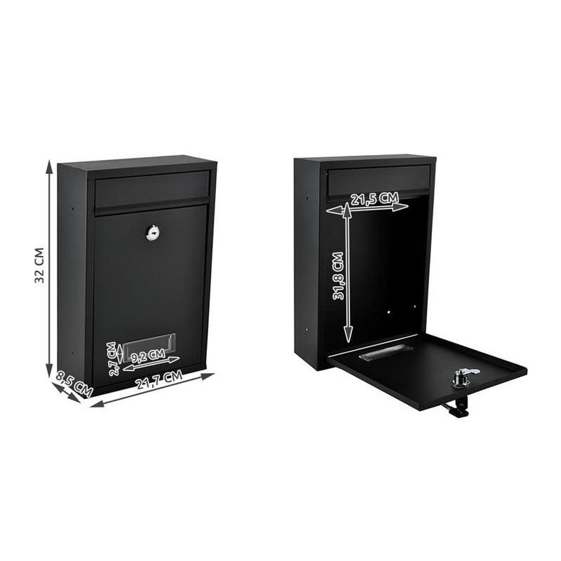 Fekete levélláda - modern design, falra szerelhető, postafiók, levelezőláda, kültéri, beltéri, alumínium, csomagküldés