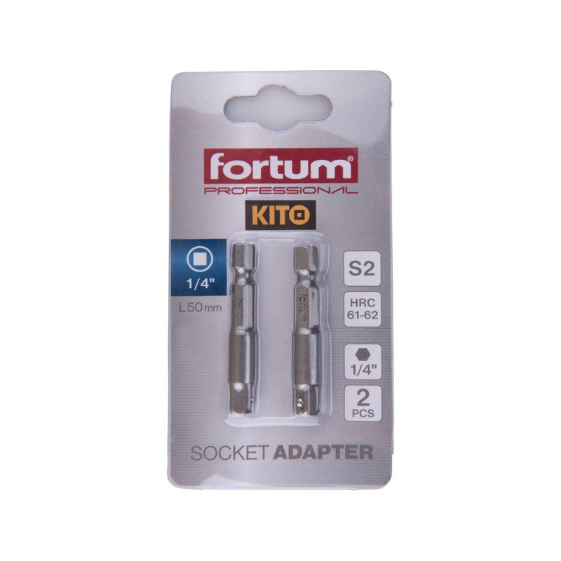 FORTUM adapter klt. 2 db, dugókulcsok gépi befogásához; S2 acél, 1/4", 50 mm, bliszteren