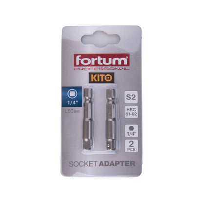 FORTUM adapter klt. 2 db, dugókulcsok gépi befogásához; S2 acél, 1/4", 50 mm, bliszteren