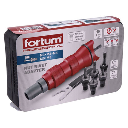 FORTUM adapter klt. fúrógéphez, POP-NUT szegecsanyákhoz, 6 db, M3-M4-M5-M6-M8; 1/4" hatszög befogás, FORTUM