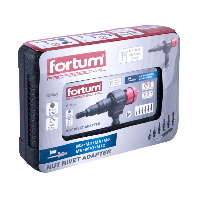 FORTUM adapter klt. fúrógéphez, POP-NUT szegecsanyákhoz, 6 db, M3-M4-M5-M6-M8-M10-M12; 8 mm (5/16") hatszög befogás, FORTUM